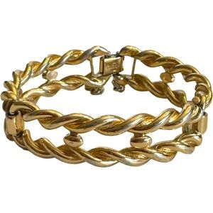 Vintage Monet Gold Tone Thick Metal Bracelet Cuff Signed